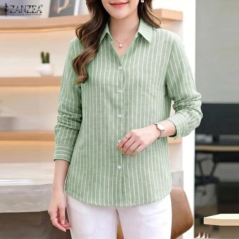 ZANZEA Camisas holgadas de manga larga para mujer, con cuello vuelto a rayas y botones, estilo oversize, para otoño 2026, para ir al trabajo, Camisas Mujer