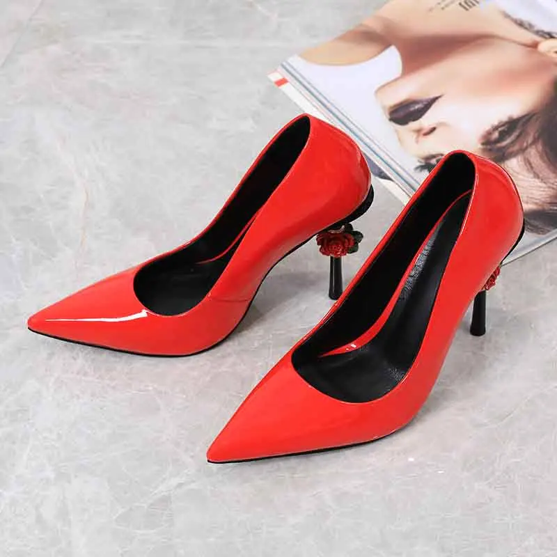 

Rose Heel Professional Work Women Shoes Pointed Toe Patent Leather Pumps Sexy Dinner Temperament High Heels Zapato de Tacón