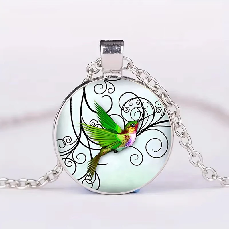 Cute Round Hummingbird Glass Dome Cabochon Pendants Necklaces Bird Rainforest Jewelry Accessories