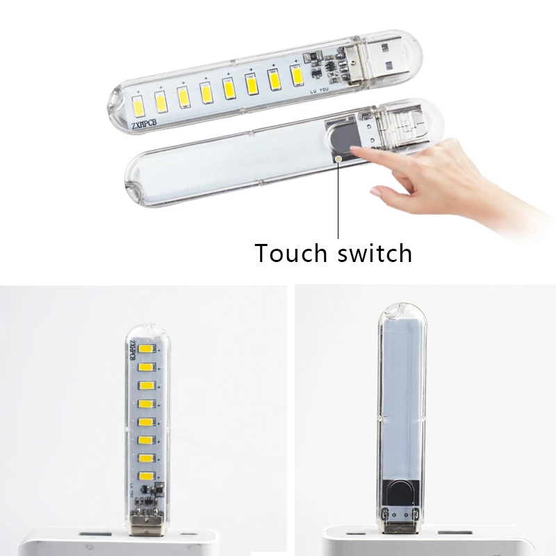 USB portátil lâmpada LED com interruptor de toque, ultra brilhante luz noturna, computador móvel poder livro luz, 3, 8, 24LEDs, 5V, 3000K-7000K