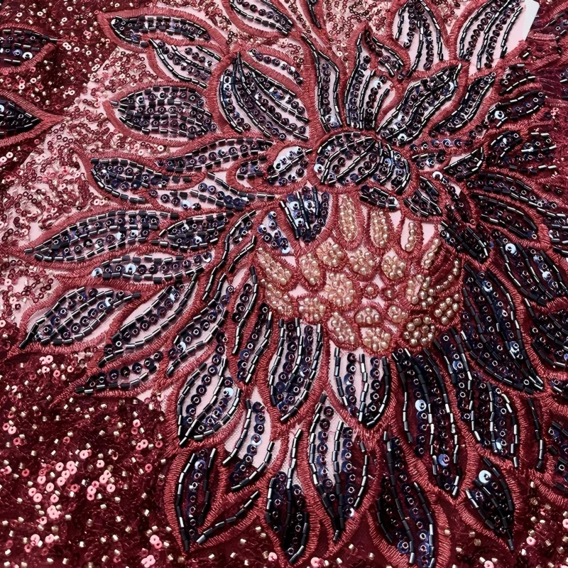 

Newest Design African Beaded Lace Fabric 2026 High Quality Floral Embroidery Sequin Tulles For Sewing Dress Fabric 5 Yards