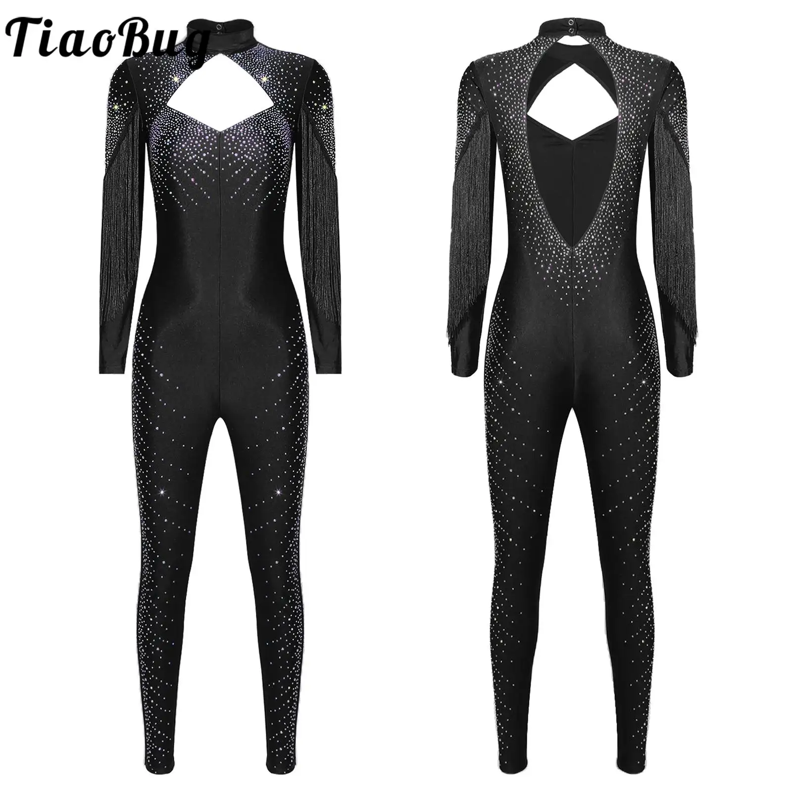 

Women Jumpsuit Figure Skating Rhythmic Leotards Gymnastics Ballet Wear Tassel Long Sleeve Glittery Rhinestone Leggings Bodysuit
