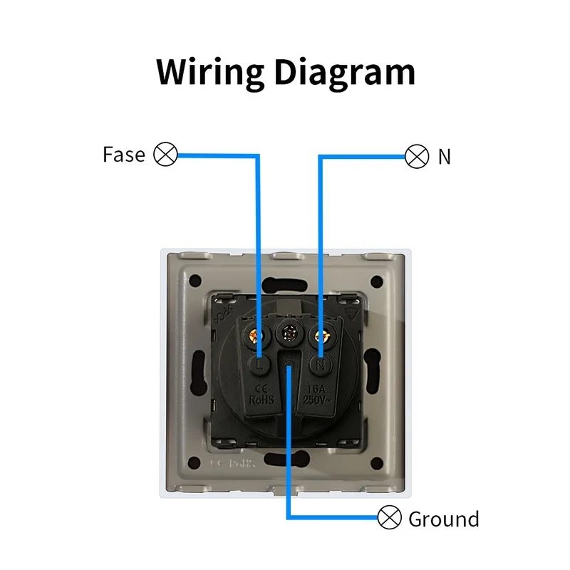 Bingoelec EU Standard 16A Wall Socket White Black Single Mirror Crystal Glass Panel Plug Electrical Outlet For Home Improvemet
