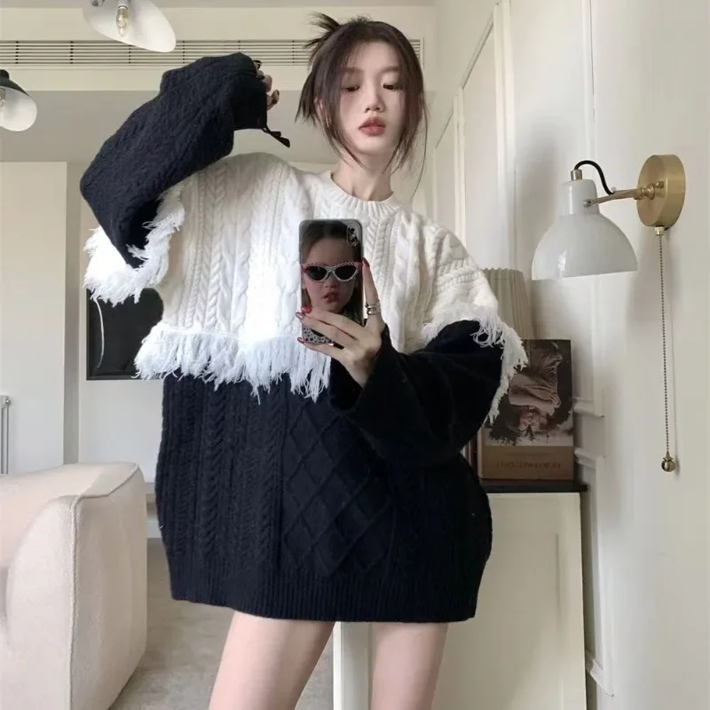 Knitted Twist Loose Pullovers Women Long Autumn Winter Slouchy Tassel New Design O-neck Panelled Ulzzang All-match Female Mujer