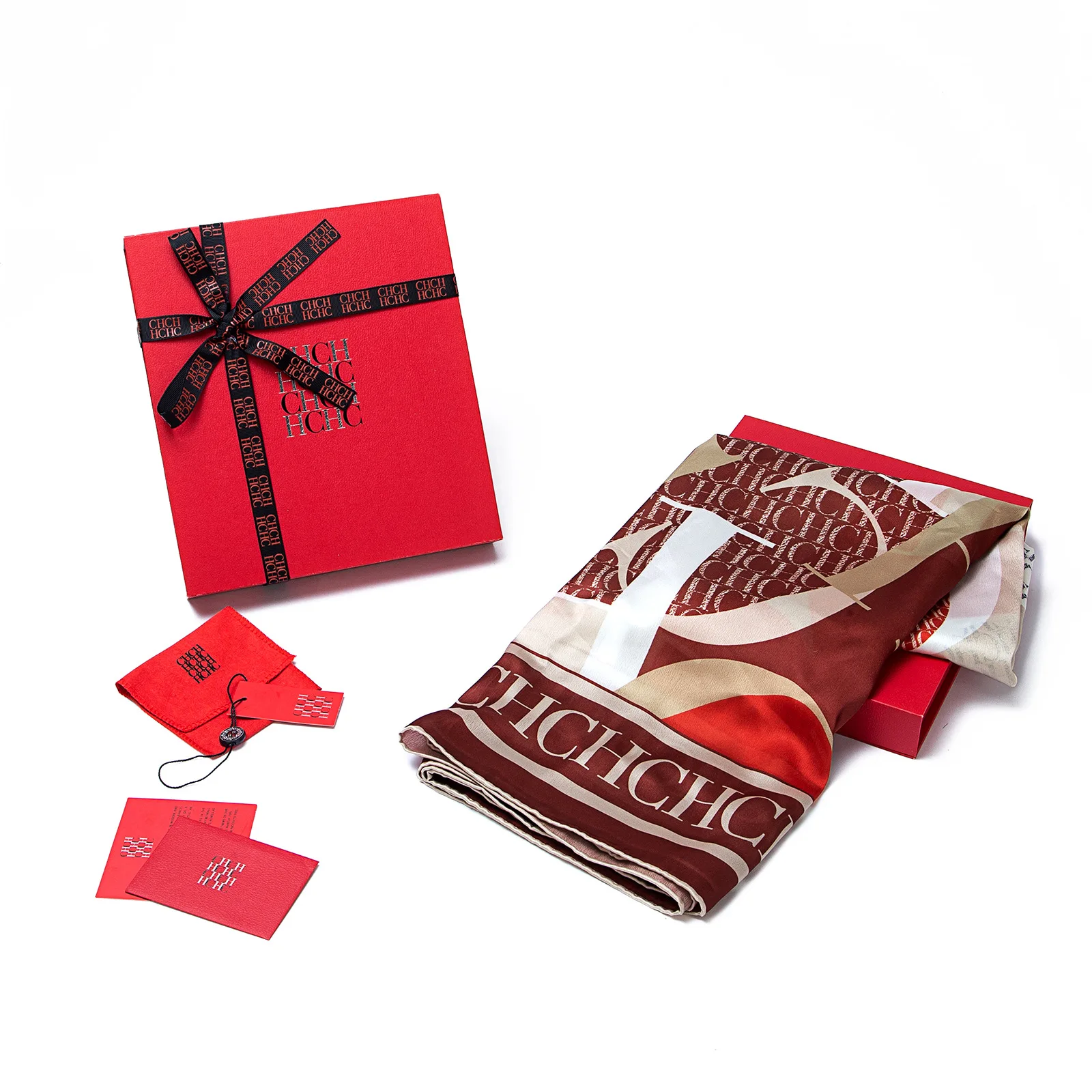 Bufanda de seda CH en colores vibrantes - Caja de regalo cuadrada con pajarita de seda de alta gama de estilo lujoso y moderno para mujer