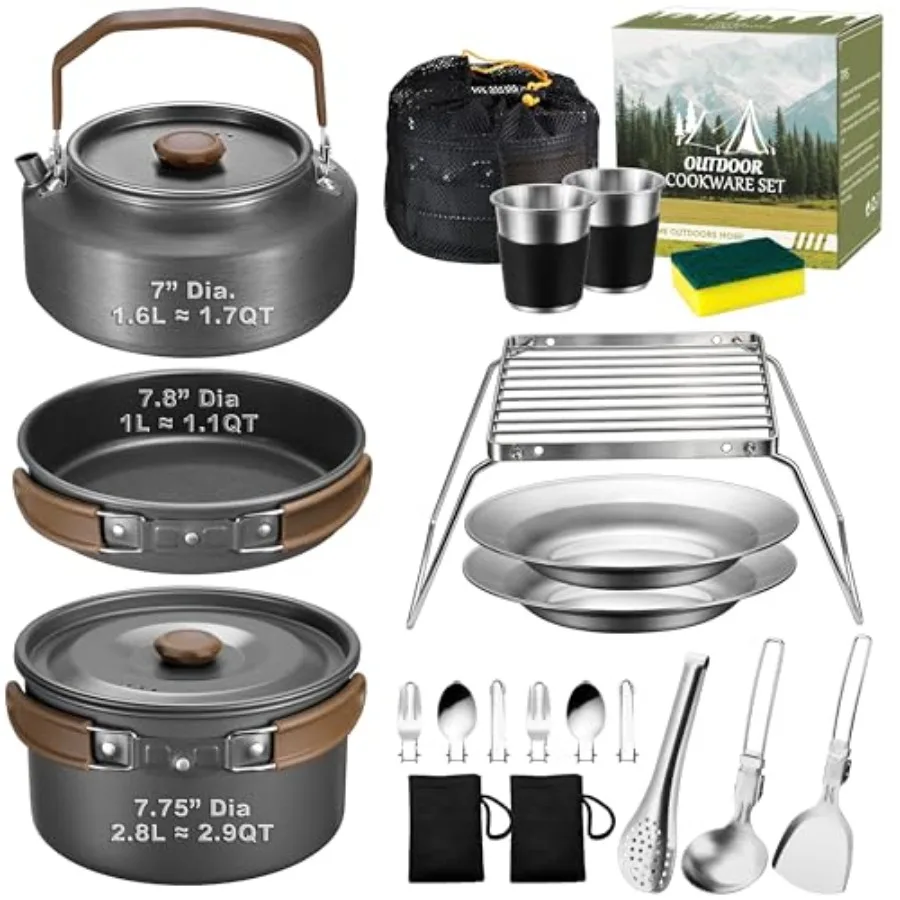 Camping cookware mess kit for outdoor backpacking and open fire cooking: aluminum nonstick 7.8-inch pot, pan, kettle, grill gra