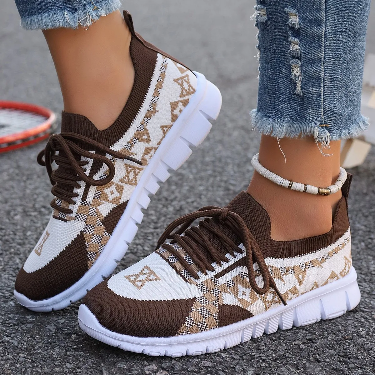 New Summer Women's Mixed colors Knitted Mesh Breathable Lace-Up Single Shoes Fashionable Comfortable Lightweight Casual Sneakers