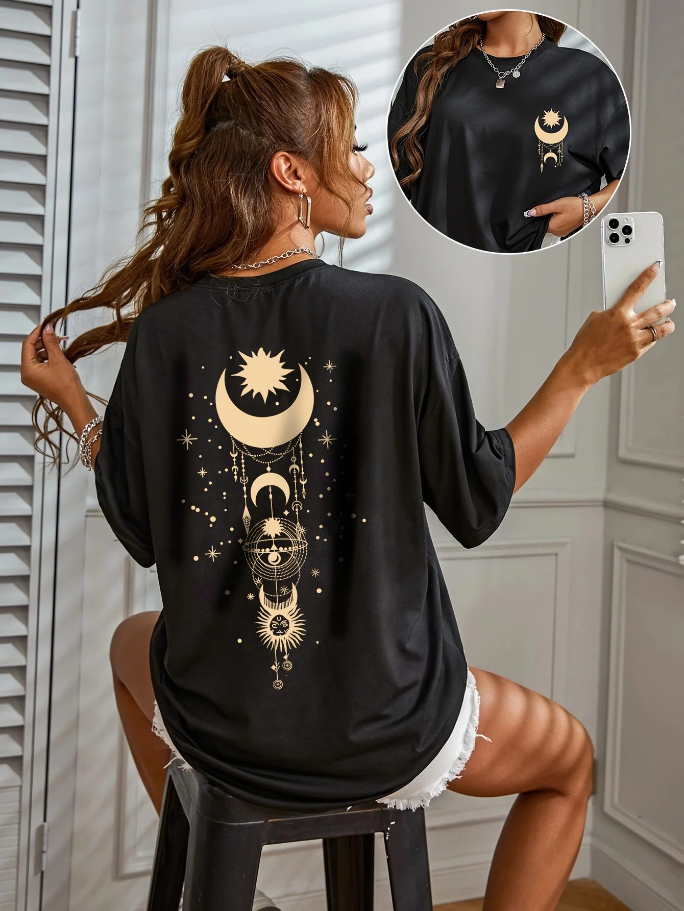Women's Casual Black Starry Print T-shirt Loose-fitting Round-neck Short-sleeved Top Spring/summer Collection Shirts For Women