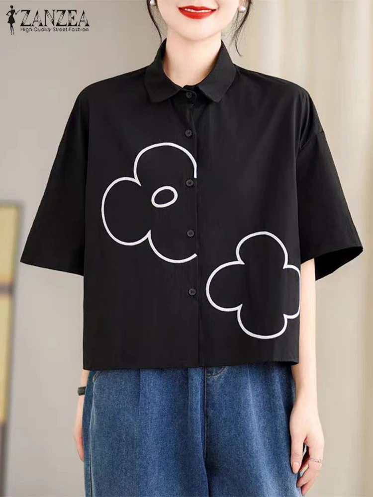 

ZANZEA Korean Fashion Embroidery Shirt Women Half Sleeve Tops 2025 Summer Lapel Collar Tunics Casual Loose Streetwear Blusas