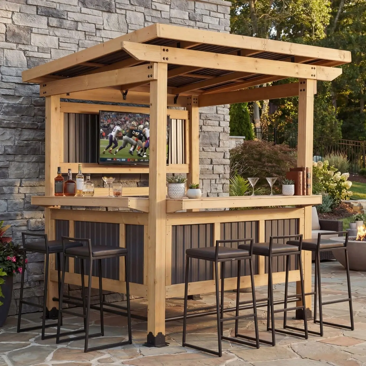 6'×7' Outdoor Gazebo Bar, Cedar Wood Backyard Gazebo with Dual Counters, PVC Roof, TV Mount & Storage Shelves,, Customized