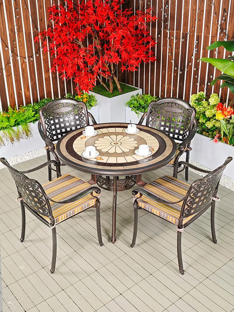& European Style Outdoor Courtyard Round Cast Aluminum Tile Table Chairs Imitation Marble Waterproof Sun-Resistant Leisure Set