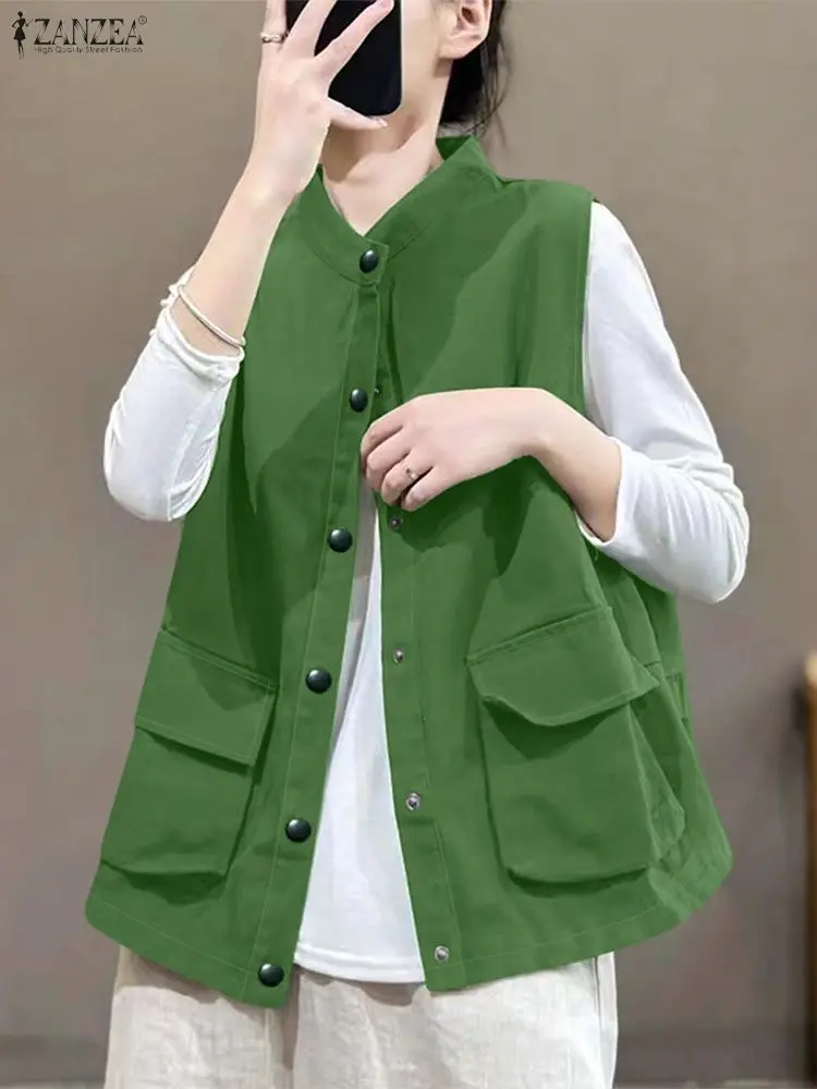 ZANZEA 2025 chalecos de gran tamaño para mujer Casual Color sólido cuello redondo abotonada bolsillos delanteros prendas de vestir exteriores sin mangas moda de otoño 3XL