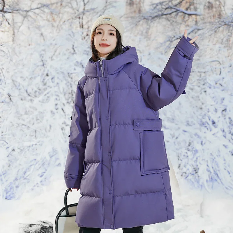 2023 Winter Hooded Thick Coats 90% White Duck Down Plus Size Jackets Women Large Middle Length Loose Purple Twill Pocket Parkas