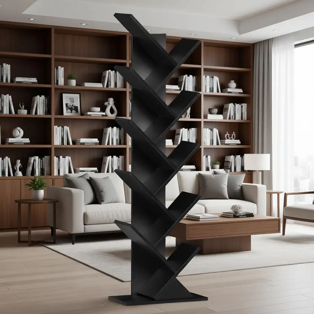 

10-уровневая деревянная напольная книжная полка для плотных помещений, органайзер для хранения, домашний офис, гостиная - черный