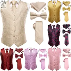 Hi-Tie Brand Mens Vests Red Blue Green Gold Waistcoat Tie Bowtie Hanky Cufflinks Set Waist Jacket For Men Wedding Office