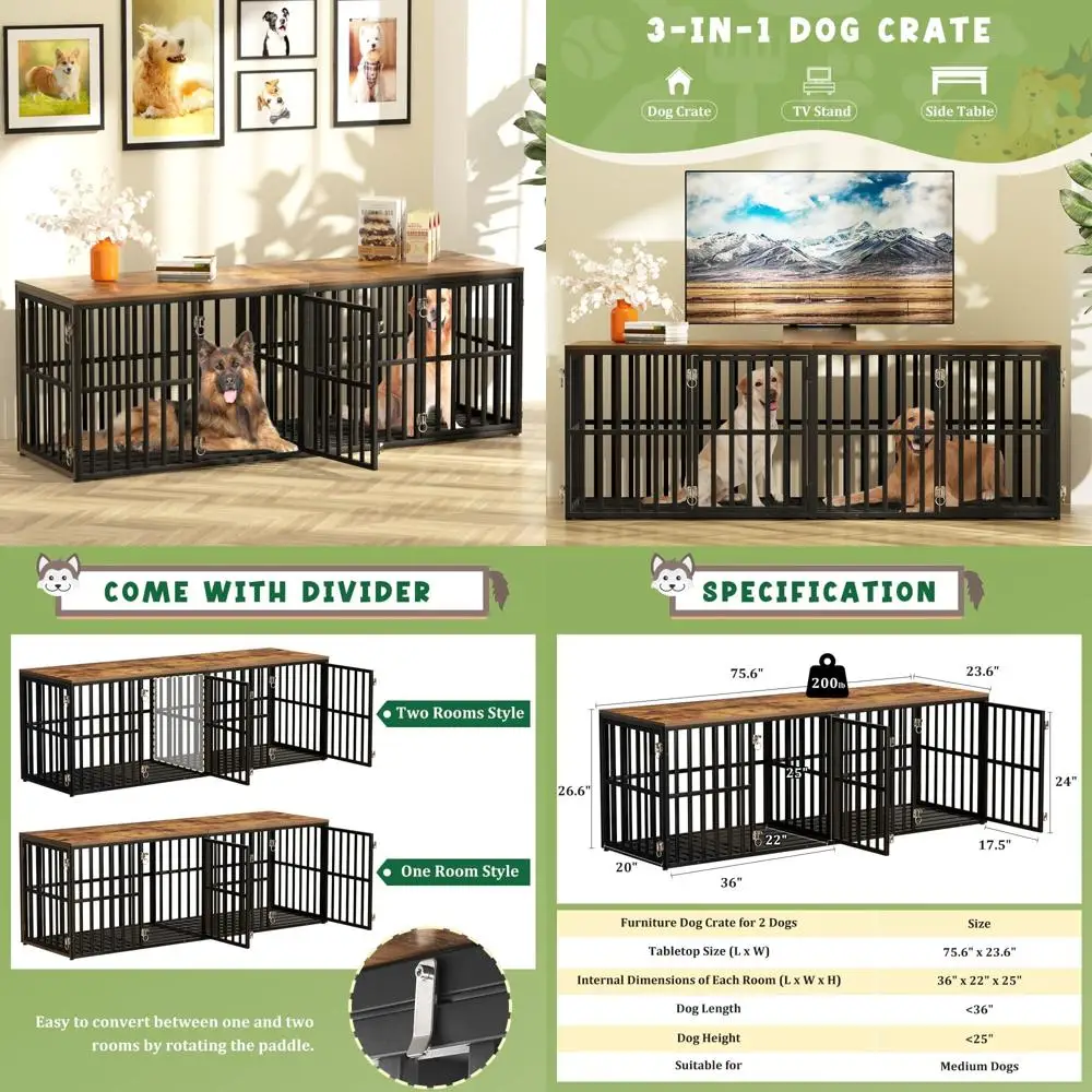 

Large Breed Double Dog Crate Furniture, 76 Wooden Kennel with Divider and Four Doors