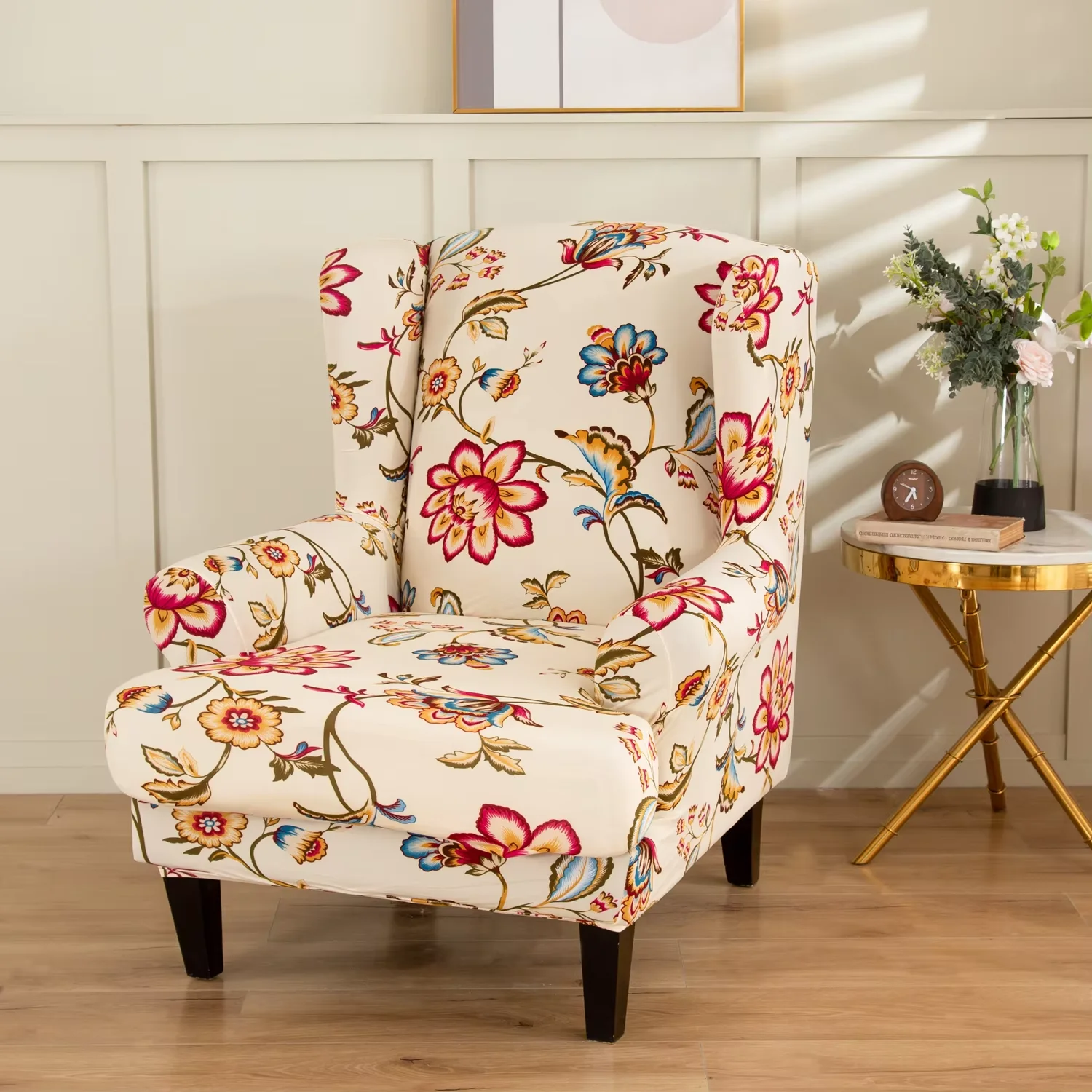 Spandex Stretch Wing Chair Cover Floral Printed High Back Armchair Covers Elastic Relax Sofa Slipcovers with  Cushion Cover