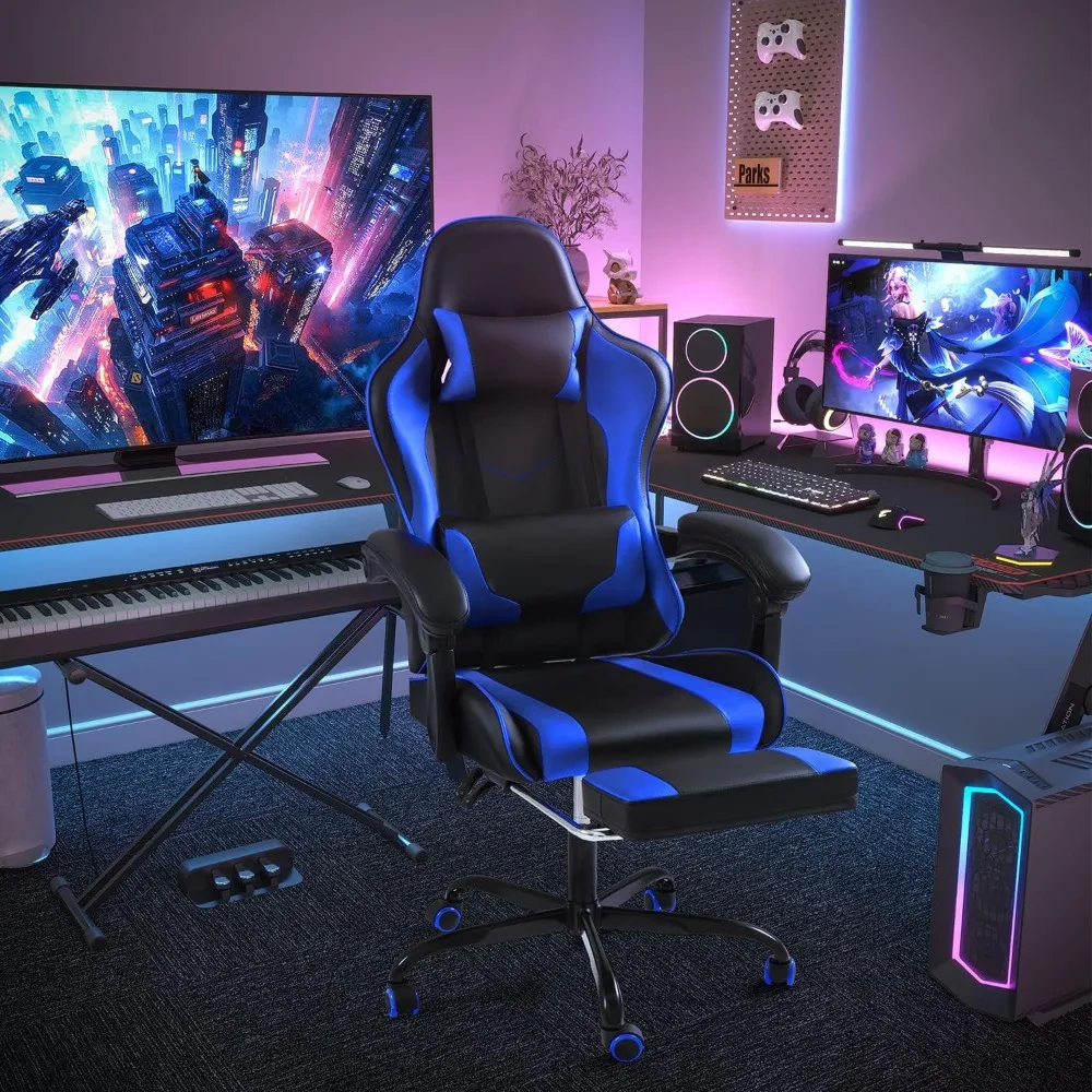 Gaming Chair with Footrest & Massage Lumbar Support, 360°Swivel, Ergonomic Computer Chair with Height Adjustable Seat & Headrest