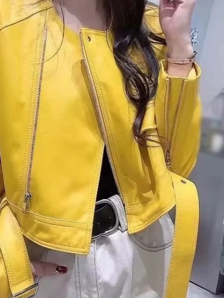 Kantoor dames effen kleur ronde hals lederen jas losse lange mouwen schapenvacht rits sjerpen topkwaliteit bovenkleding