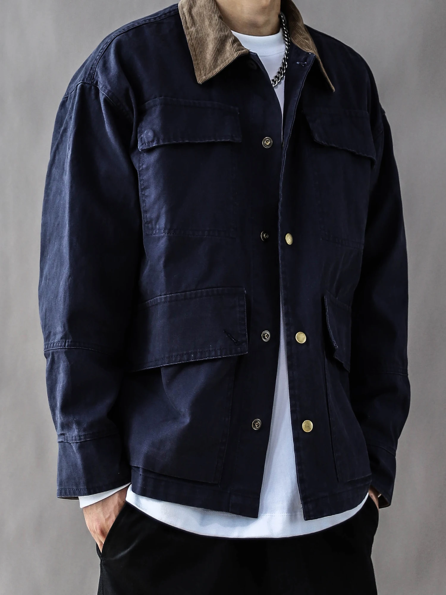 

Retro Corduroy Workwear Jaet Men's Loose Casual Spring Autumn High Street k Blue Coat Youth Long Sve Collar Jaet