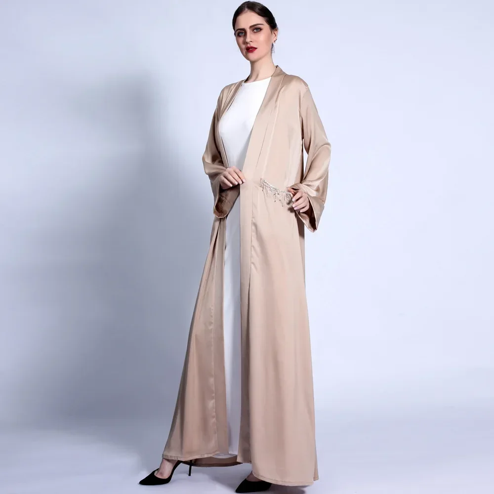 Robe à lacets pour femmes, couleur unie, poignets larges, pompon, poche en diamant, vêtements islamiques, dubaï, Robe saoudienne, Cardigan en Satin, Abaya musulmane