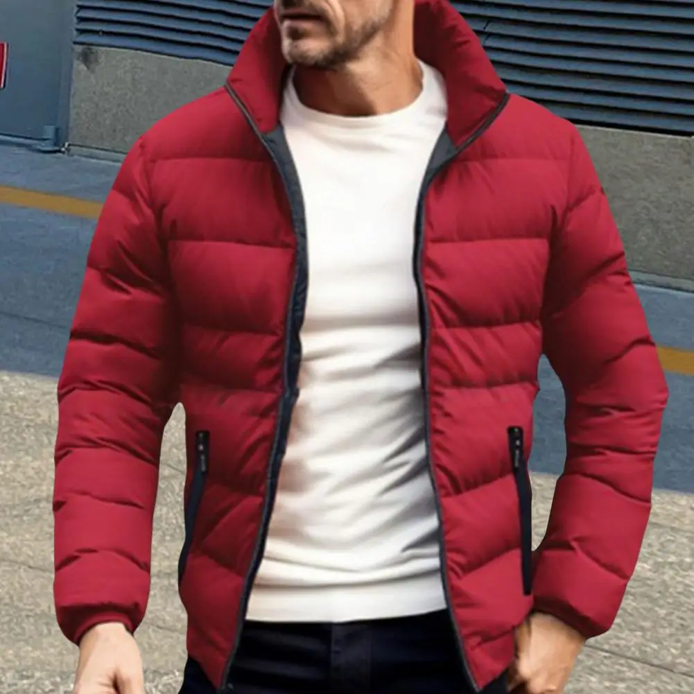 Winter Men Quilted Jacket Stand Collar Long Sleeve Full Zipper Closure Down Coat Solid Color Side Zipper Pockets Male Parkas