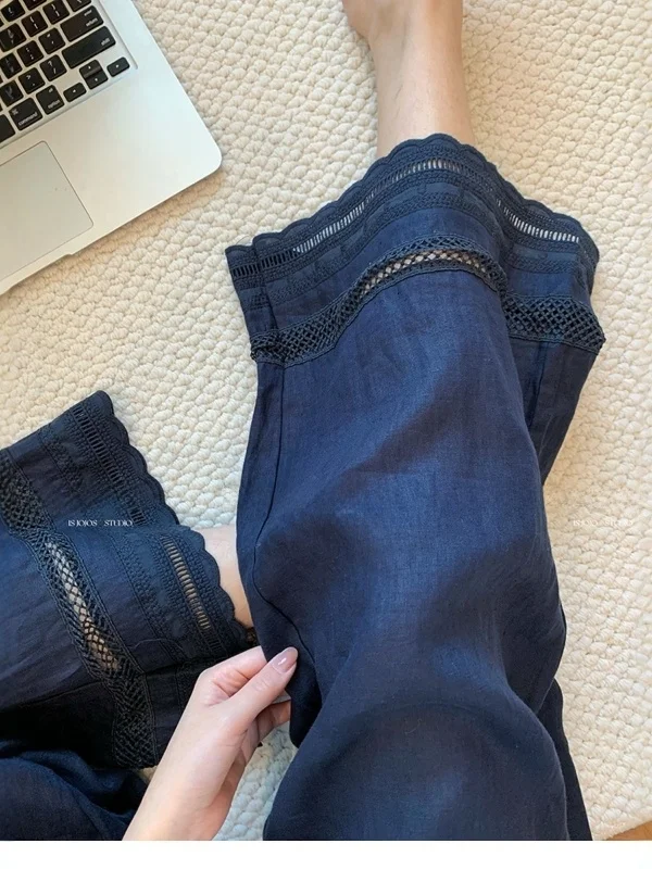 حجم كبير المطرزة الدانتيل تقليم عالية الخصر فضفاض واسعة الساق الجينز المرأة الخريف سراويل تقليدية الكورية Sle تخفيف الرياح