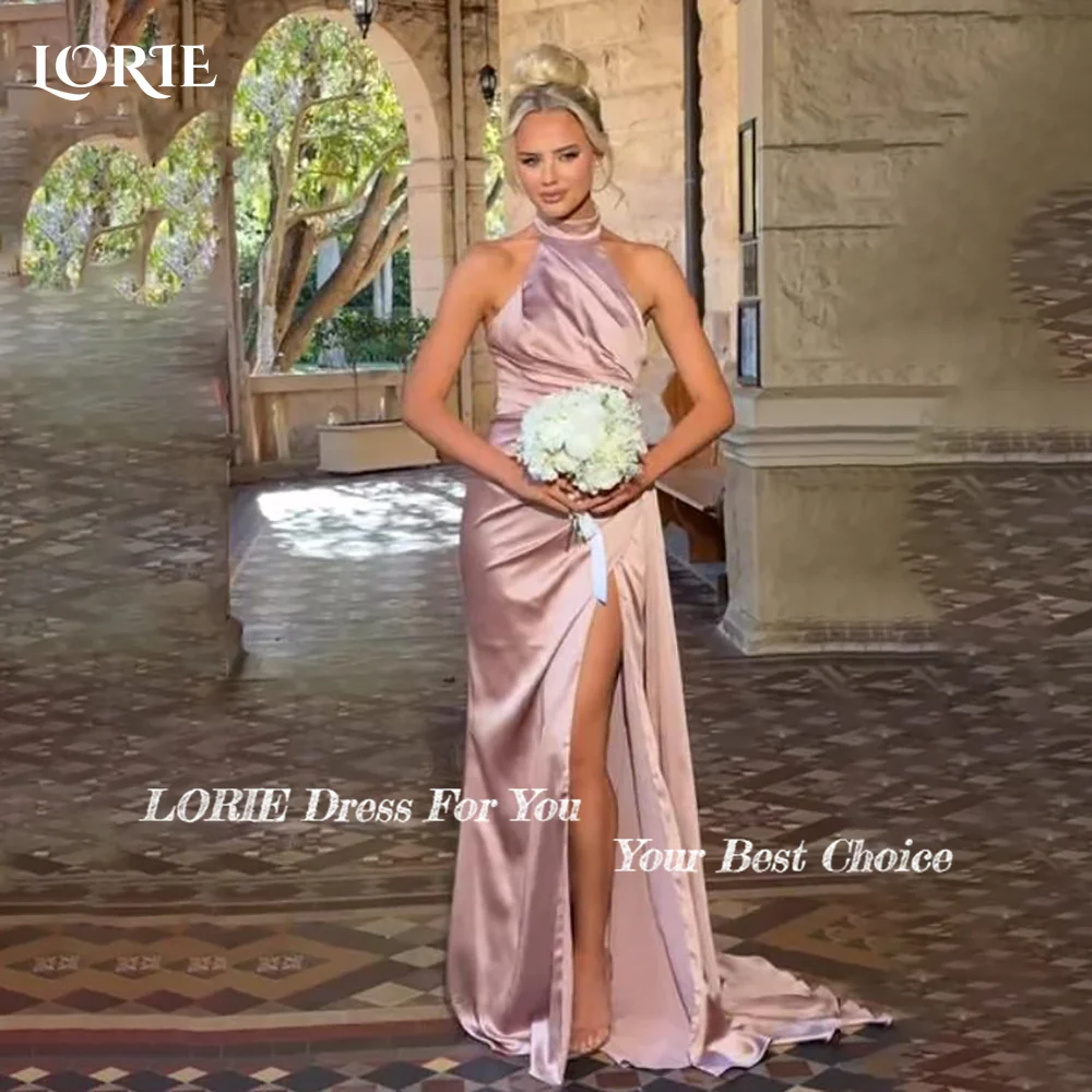 LORIE Elegant Halter Slit Bridesmaid Dresses Mermaid Backless Pleats Ruched Beach Bridal Gown Pleats Customized Bride Dress