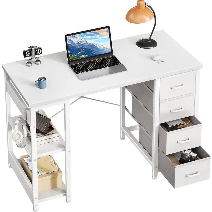 

Компьютерный стол для небольших помещений, 40 дюймов, 15,8 дюймов (глубина) x 39,4 дюйма (ширина) x 29,8 дюйма (высота), белый, с 4 тканевыми выдвижными ящиками и полками для хранения