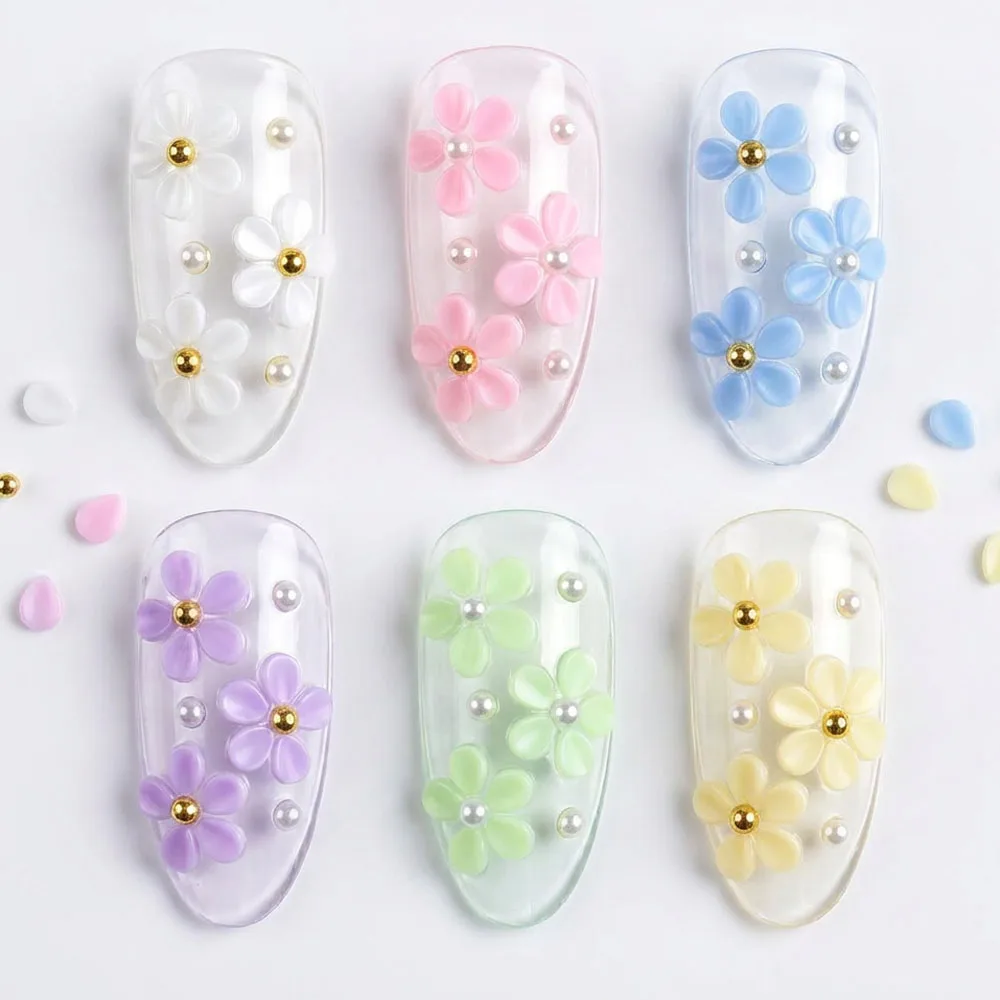 12-teiliges 3D-Macaron-Blütenblätter-Nagelkunst-Set mit Gold- und Weißperlen, Weiße, Rosa, Blaue und Grüne Blumen zur Nageldekoration – Detail 3