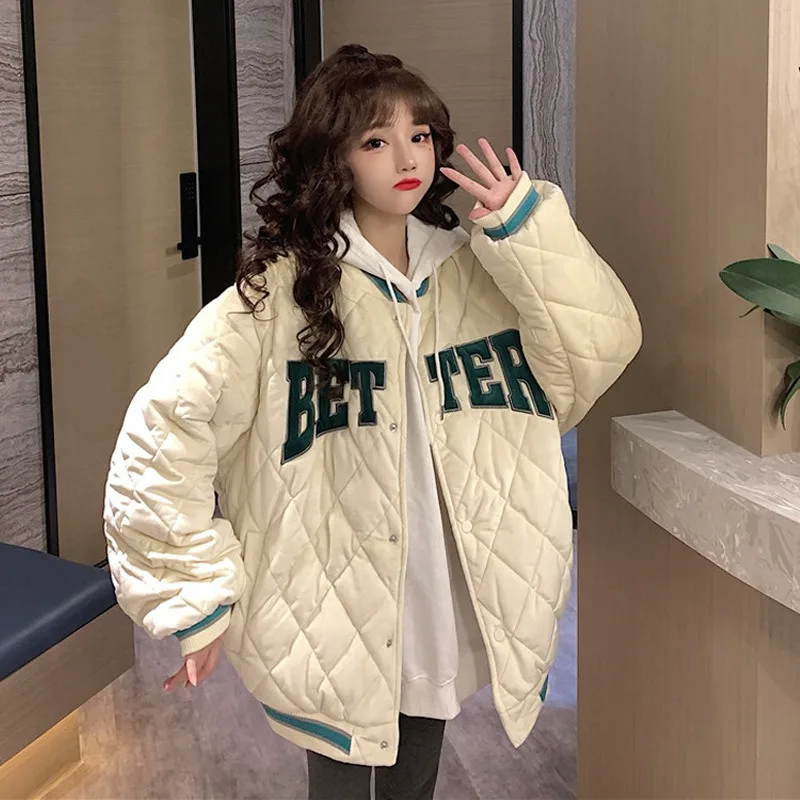 

2023 New Women Padded Coat Winter Jacket Female Baseball Uniform Pleuche Parkas Short-Length Outwear Loose Student Overcoat