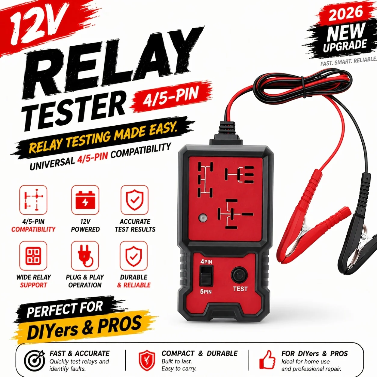 12-Volt Car Relay Tester, 4-Pin and 5-Pin Car Relay Diagnostic Tool with Led Indicator Light, Portable Car Relay Checker with Battery Clamp, Suitable for Universal Vehicle Relay Testing Equipment for Cars, Trucks, and Motorcycles