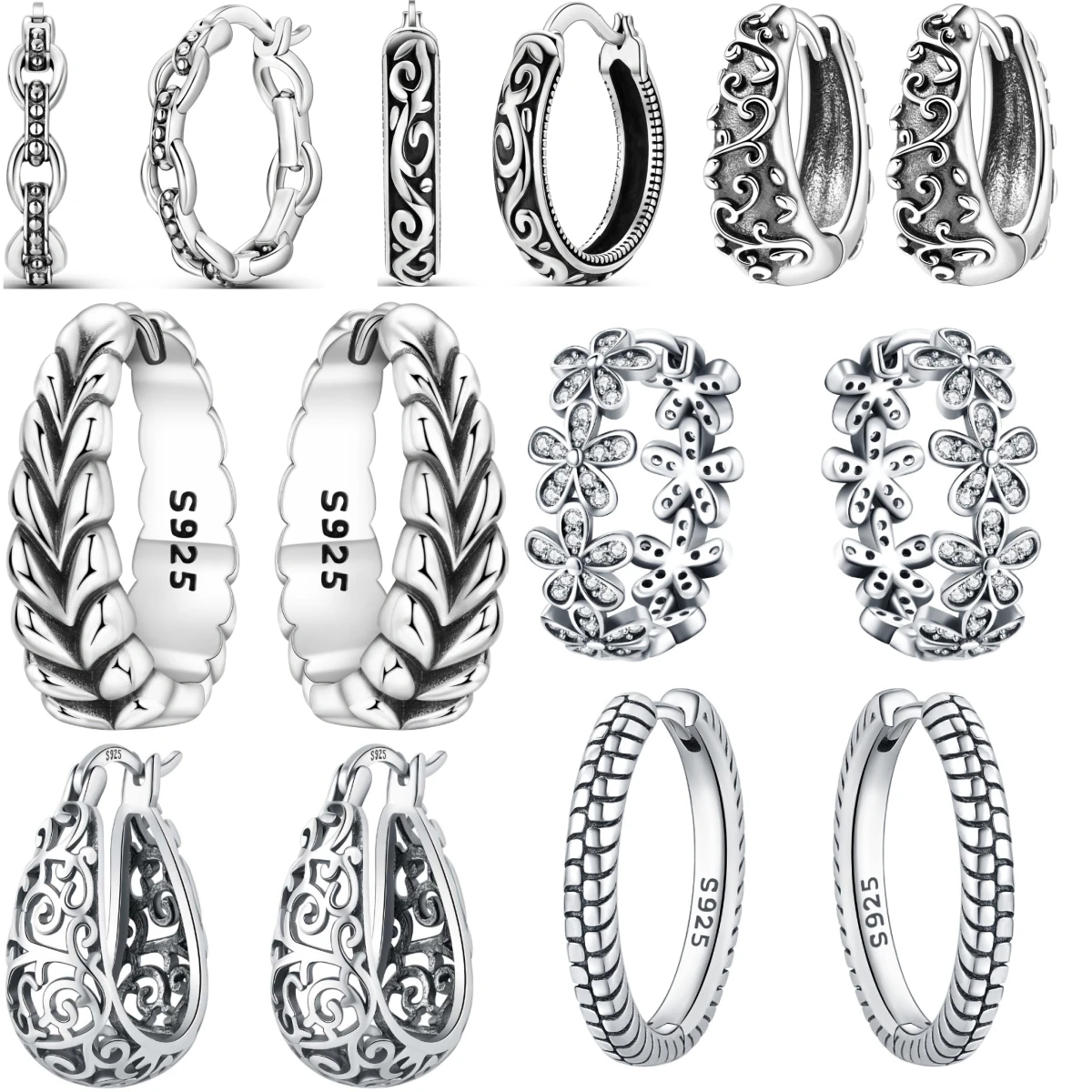 925 Sterling Silver Retro Grass Pattern Earrings Jewelry Versatile Hoop Earrings For Women Jewelry Birthday Party Fine Gifts