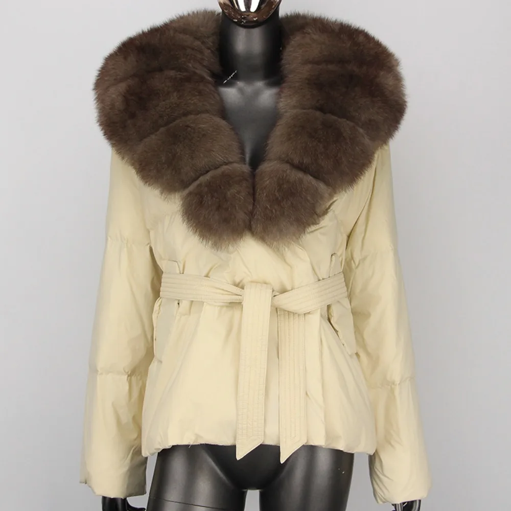 

OFTBUY Fox Fur Collar Real Fur Coat 2024 Натуральная зимняя женская толстая теплая куртка на утином пуху 90 с поясом Верхняя одежда Уличная одежда Свободная одежда