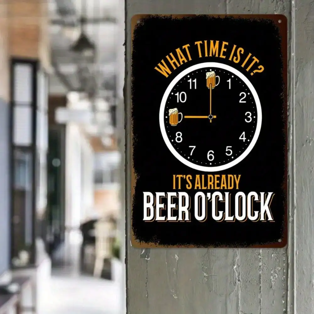1PC Tin Sign Beer O'Clock - Vintage Bar/Home Pub Decor, Hand-Drawn Clock & Beer Glass, 8x12in/20x30cm