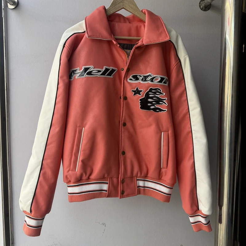 

Retro Street Sle Jaet Loose Fit Contrast Color PU Leather Windproof Embroidered Lettering Outerwear for Teens And Men