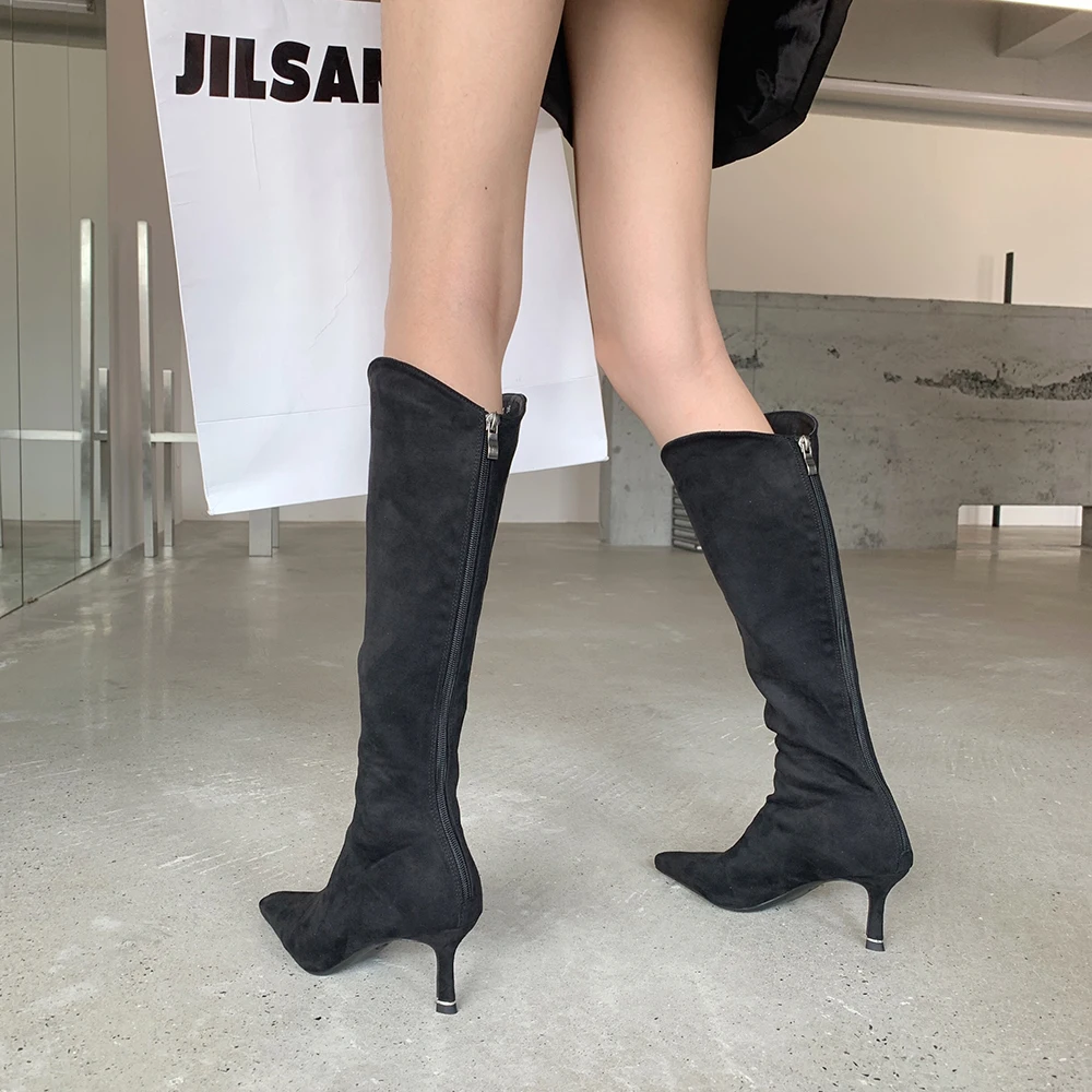 Pointed Toe Women Knee High Boots 2023 Chelsea Booties Thin High Heels Back Zipper Flock Black Beige Dress Shoes Winter Pumps