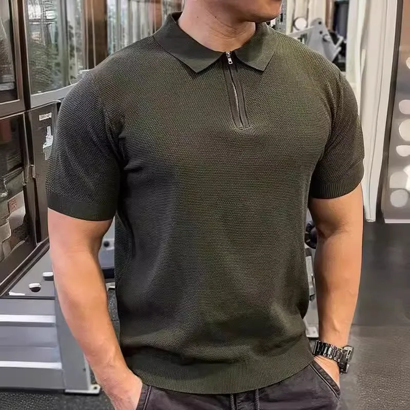 High-quality Semi-zipper Ice Silk Knitted Sweater Summer Fashion Simple Slimming T-shirt Light Mature