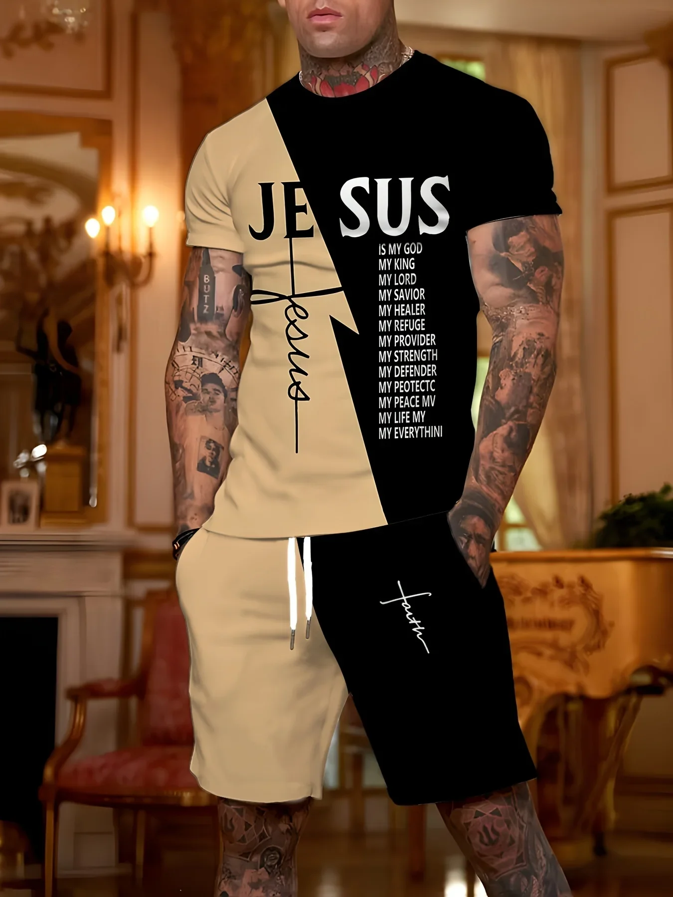 Summer Hot Selling Men's Jesus Print Short Sleeved Shorts Set, Daily Outdoor Casual Quick Drying Thin Polyester Set