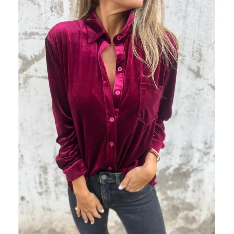 New casual gold velvet shirt 2024 solid color splicing long sleeved single breasted versatile top loose base shirt for women