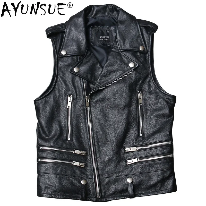 

AYUNSUE Men's Genuine Leather Vest 100% Cow Leather Coat Motorcycle Jacket Men Spring Autumn Sleeveless Men's Jackets KJ5107