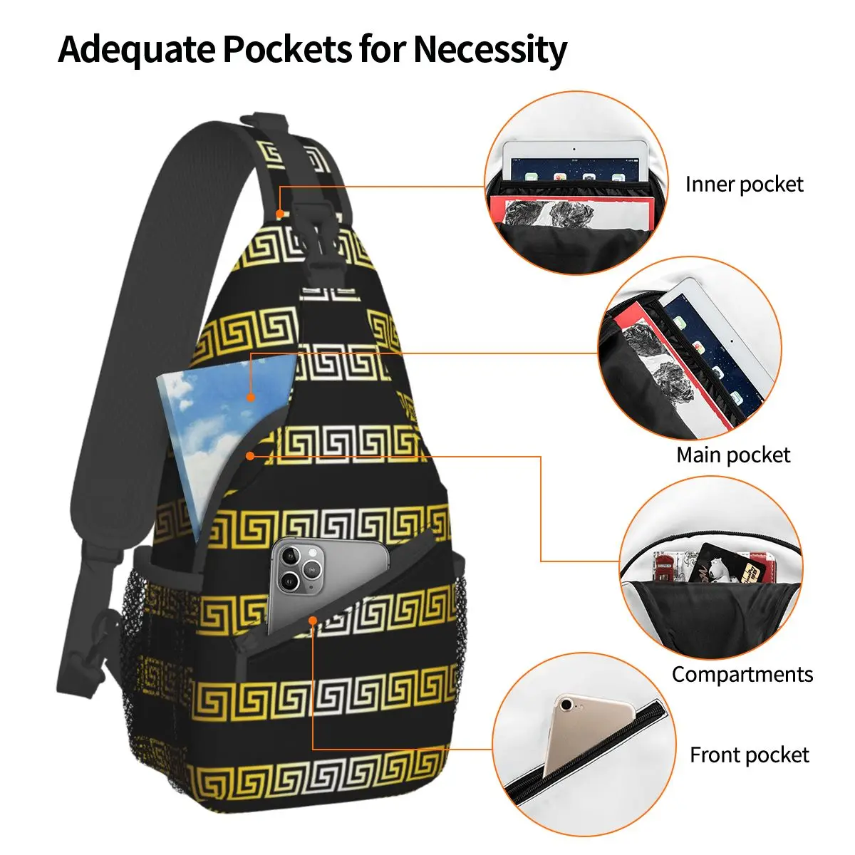 Luxo grego chave meanders crossbody sling sacos pequeno peito saco ouro ombro mochila mochila para viagens caminhadas viagem saco