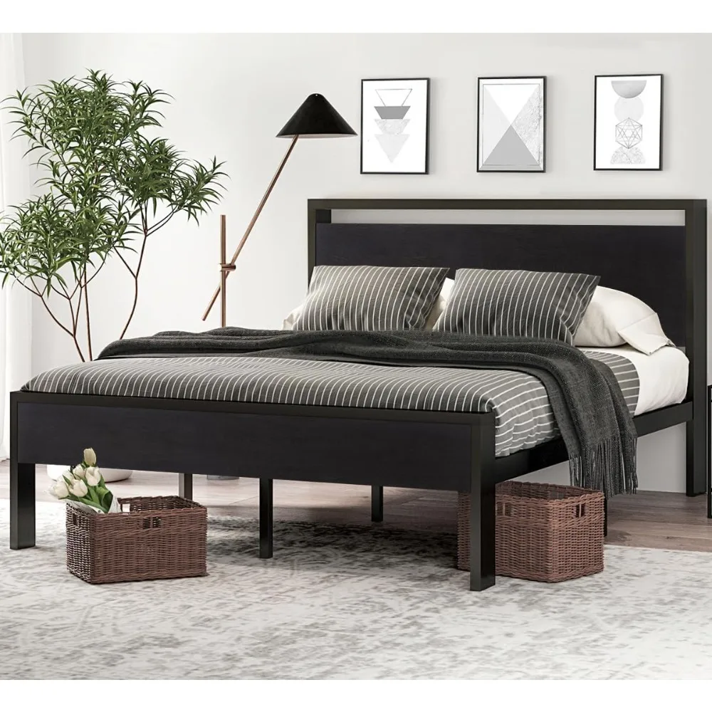 

14 Inch Full Size Metal Platform Bed Frame with Wooden Headboard and Footboard, Mattress Foundation, No Box Spring Ne