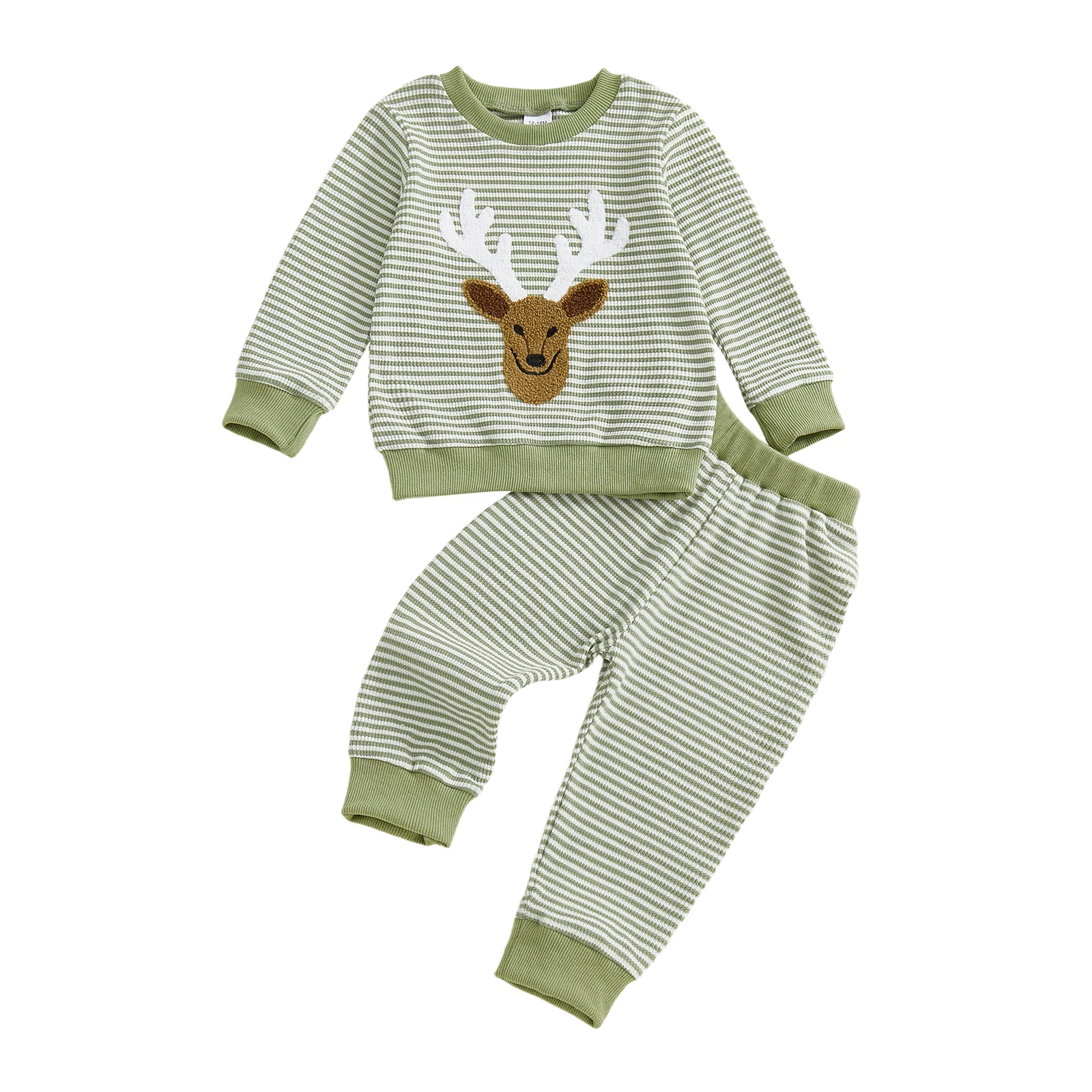 

Baby Boy 2 Piece Outfits Fashionable Animal Embroidery Long Sleeve Crew Neck Striped Tops and Elastic Waist Pants Set