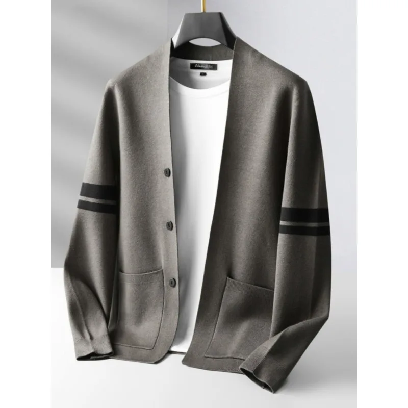 Spring Autumn Woolen Sweater Men Cashmere Cardigan V-Neck Sweater Pad Coat