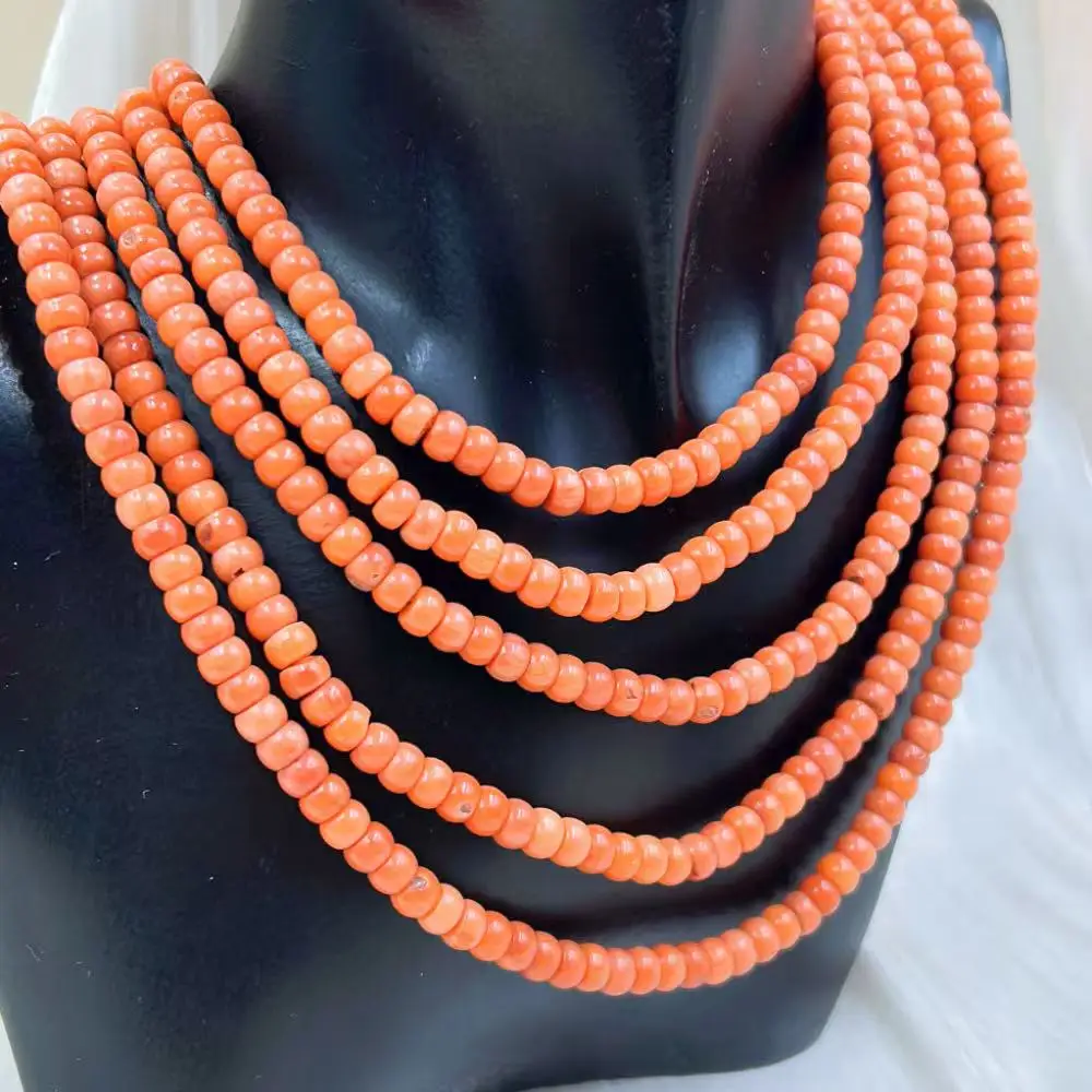 18-20inch 4x6mm Punk Drum Natural Sea Bamboo Women Jewelry Short Collar 5-Strand  Orange Coral Necklace view 6