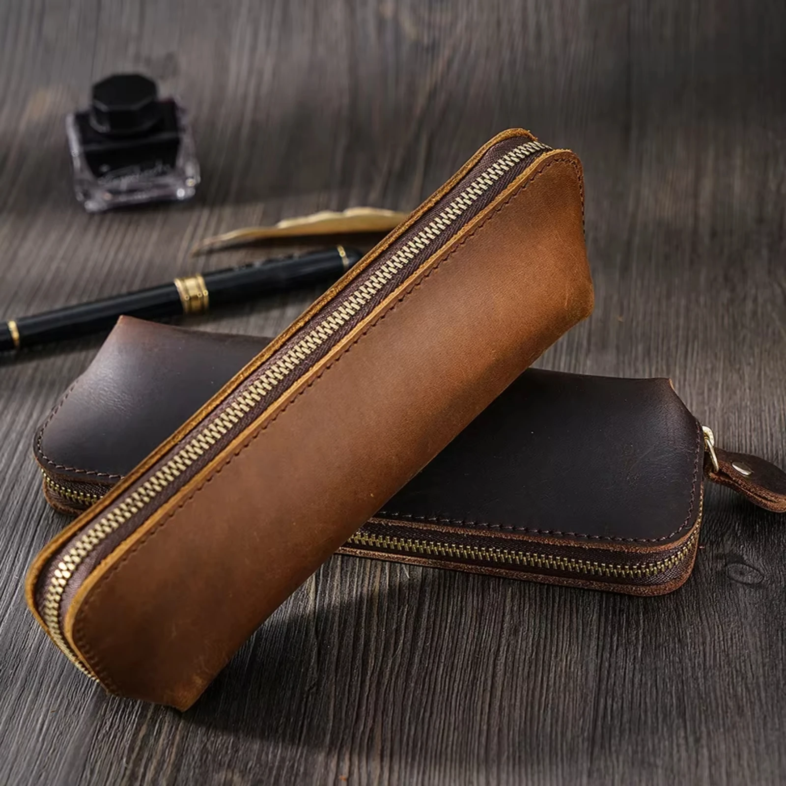 

Genuine Leather Pencil Case Pen Holder Retro Cowhide Pencil Organizer Bags Stationery School Office Supplies