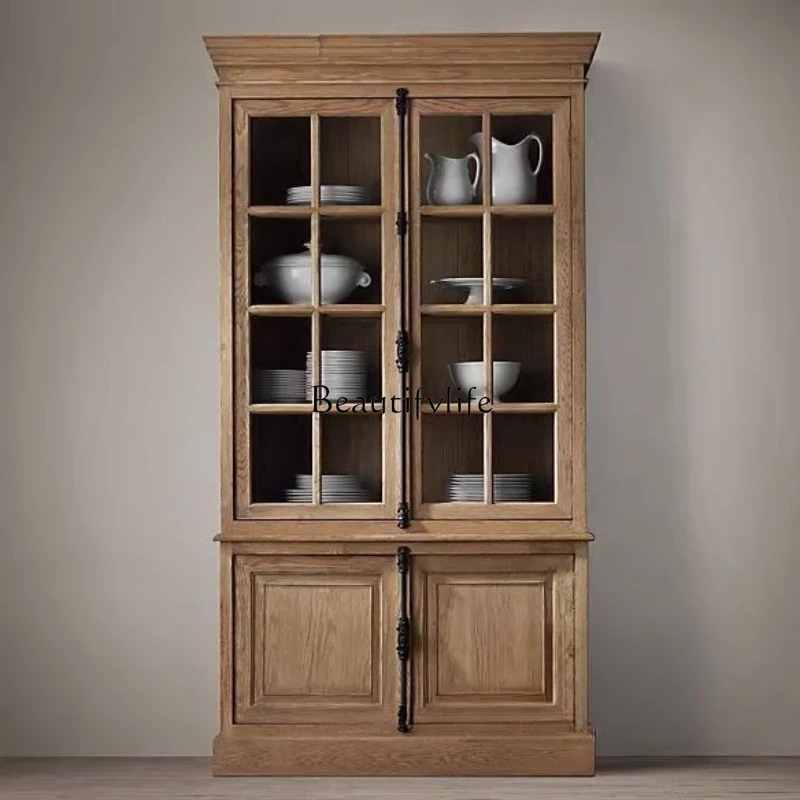 

American country old solid wood dining side high cabinet French heaven and earth lock display cabinet