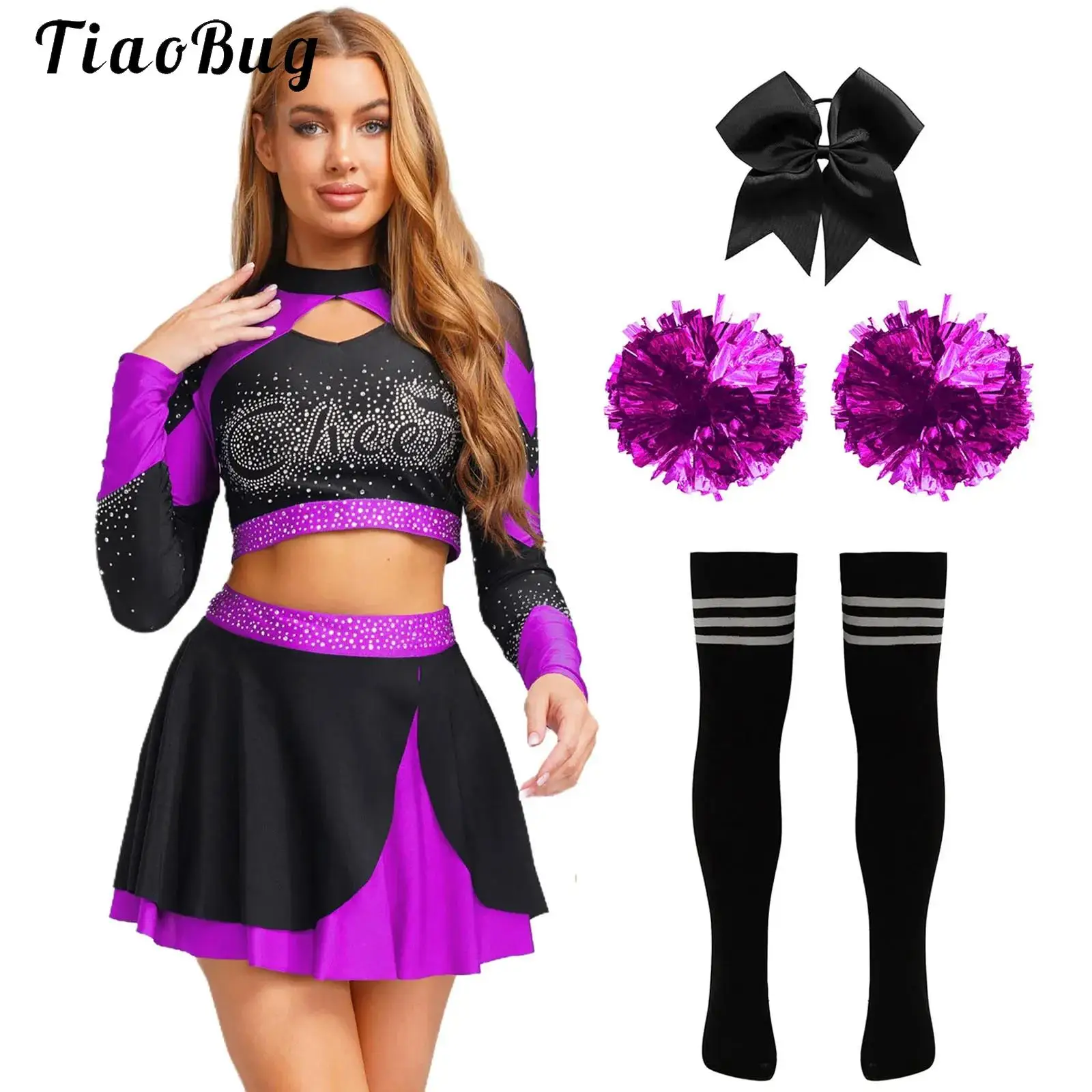 

Teen Girls Women Rhinestone Cheerleader Costume Outfits Musical Halloween Party School Sport Meeting Cheerleading Uniform Suit