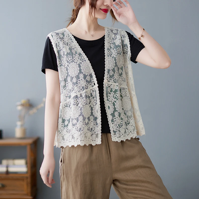

Lace Svel Vest Women's Summer Thin Loose Versatile Outerwear Cardigan Slimming Open Front Top Commute Sle Pure Color